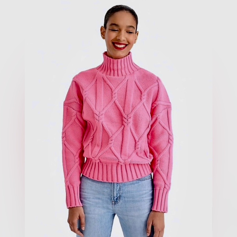 EUC J CREW COLLECTION Chunky Cotton Blend Mock Neck Cable Knit Sweater M Pink